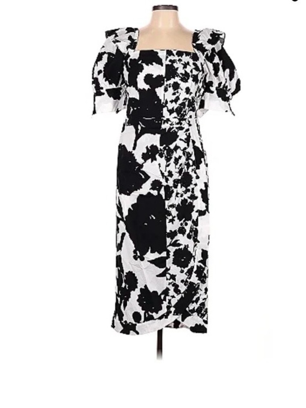 Square-Neck Black and White Floral Midi Dress with Puff Sleeves